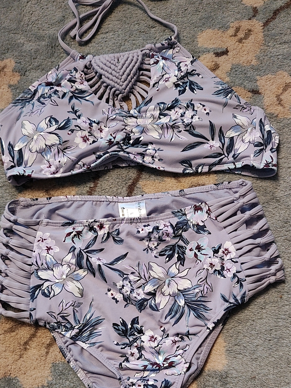 Am Brielle Women’s Floral High-Neck Bikini Set — Lavender Size Large